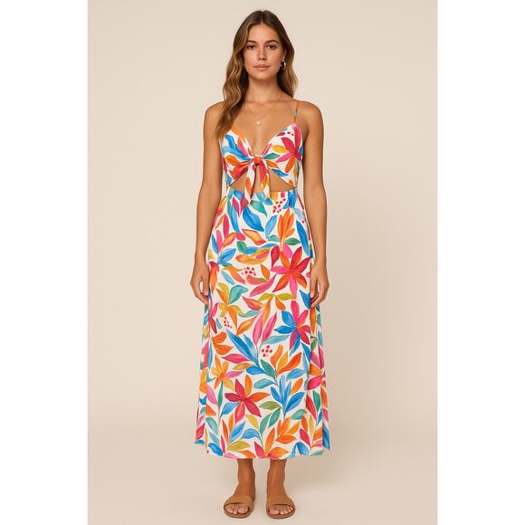 Show Me Your Mumu Moby Tie-Front Cut Out Maxi Dress in Bright Blooms (M) - Picture 1 of 6